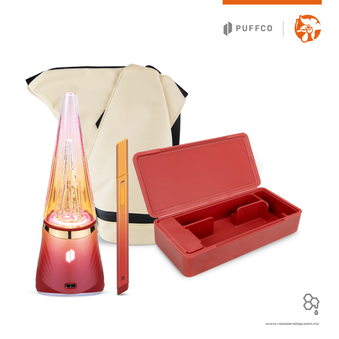 puffco peak pro 3dxl chamber gold daybreak red limited edition edicion limitada nuevo vaporizer vaporizador wax extractos concentrados rojo original bundle kit pivot travel case estuche hot knife cuchillo caliente dab travel bag sand bolso de viaje arena beige