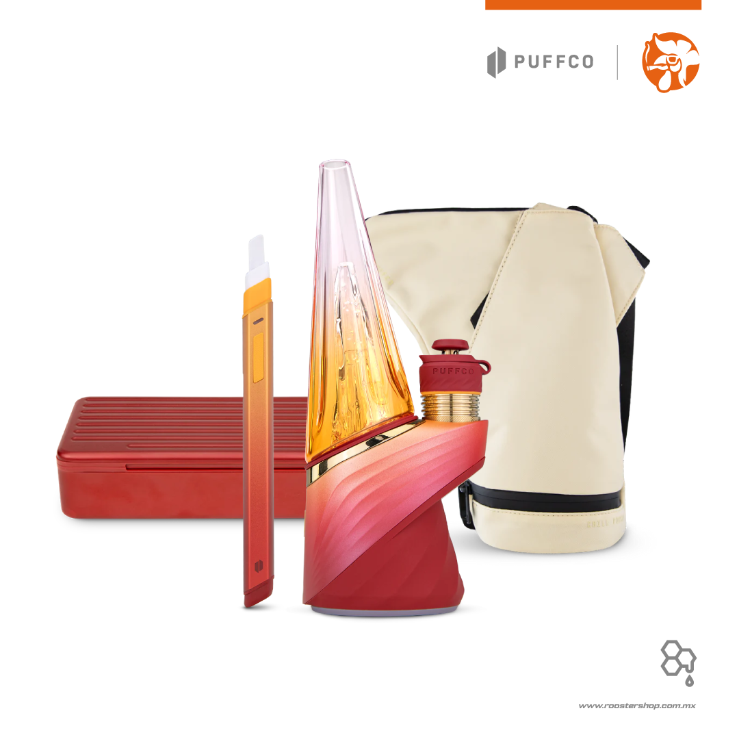 puffco peak pro 3dxl chamber gold daybreak red limited edition edicion limitada nuevo vaporizer vaporizador wax extractos concentrados rojo original bundle kit pivot travel case estuche hot knife cuchillo caliente dab travel bag sand bolso de viaje arena beige